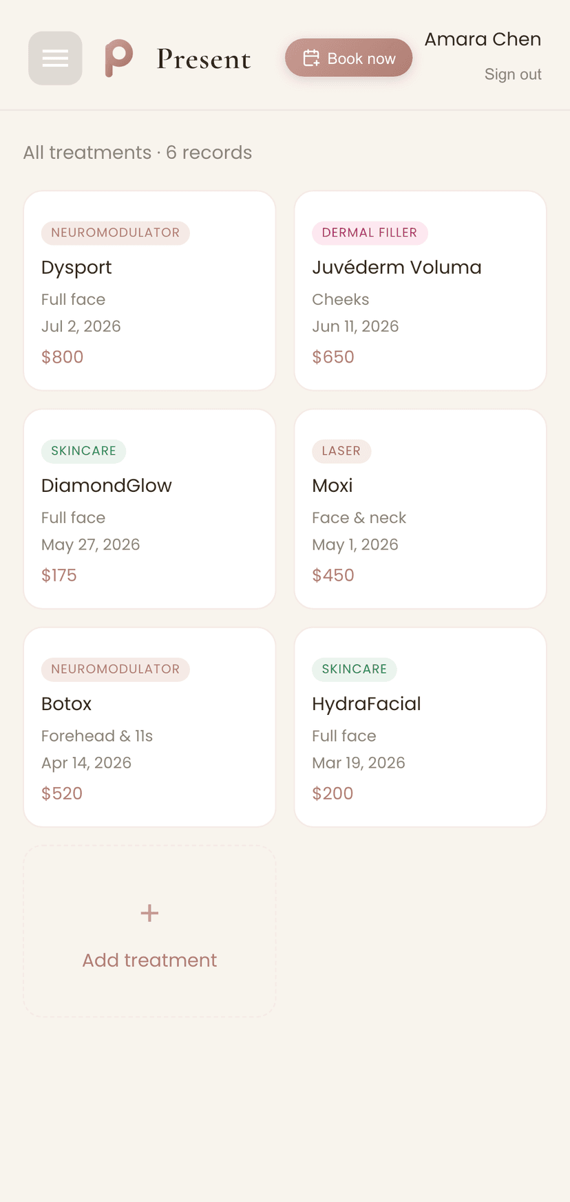 Browsing your full treatment history in the Present app