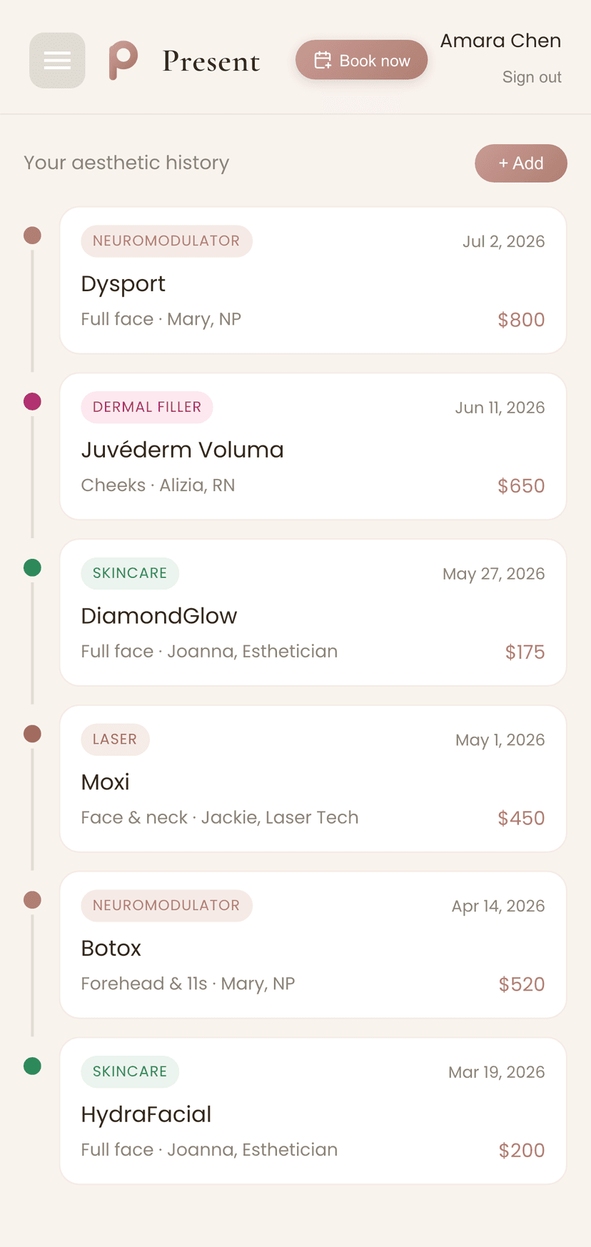 The Present app showing a patient's treatment timeline